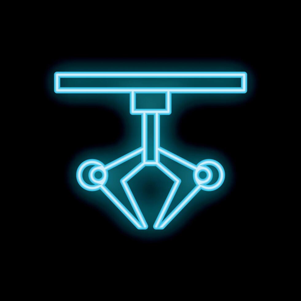 Neon icon of robotic claw picking up object on black background vector