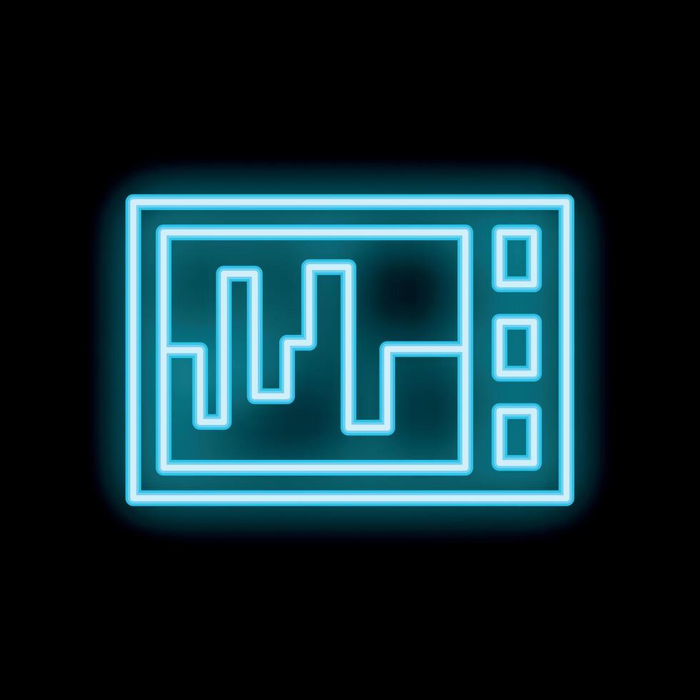 Neon icon of a device displaying growing statistics on black background vector