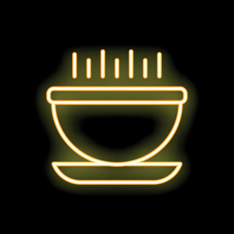 Yellow neon sign of steaming hot bowl of soup on black background vector