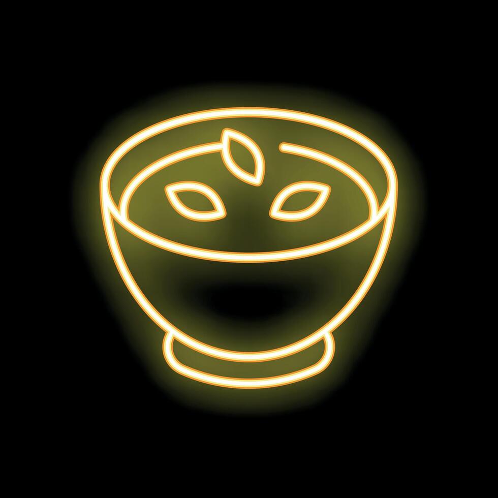 Neon sign of soup bowl with herbs glowing on black background vector