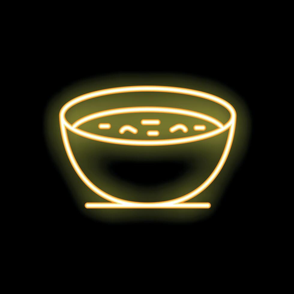 Neon sign of a bowl of soup glowing yellow on black background vector