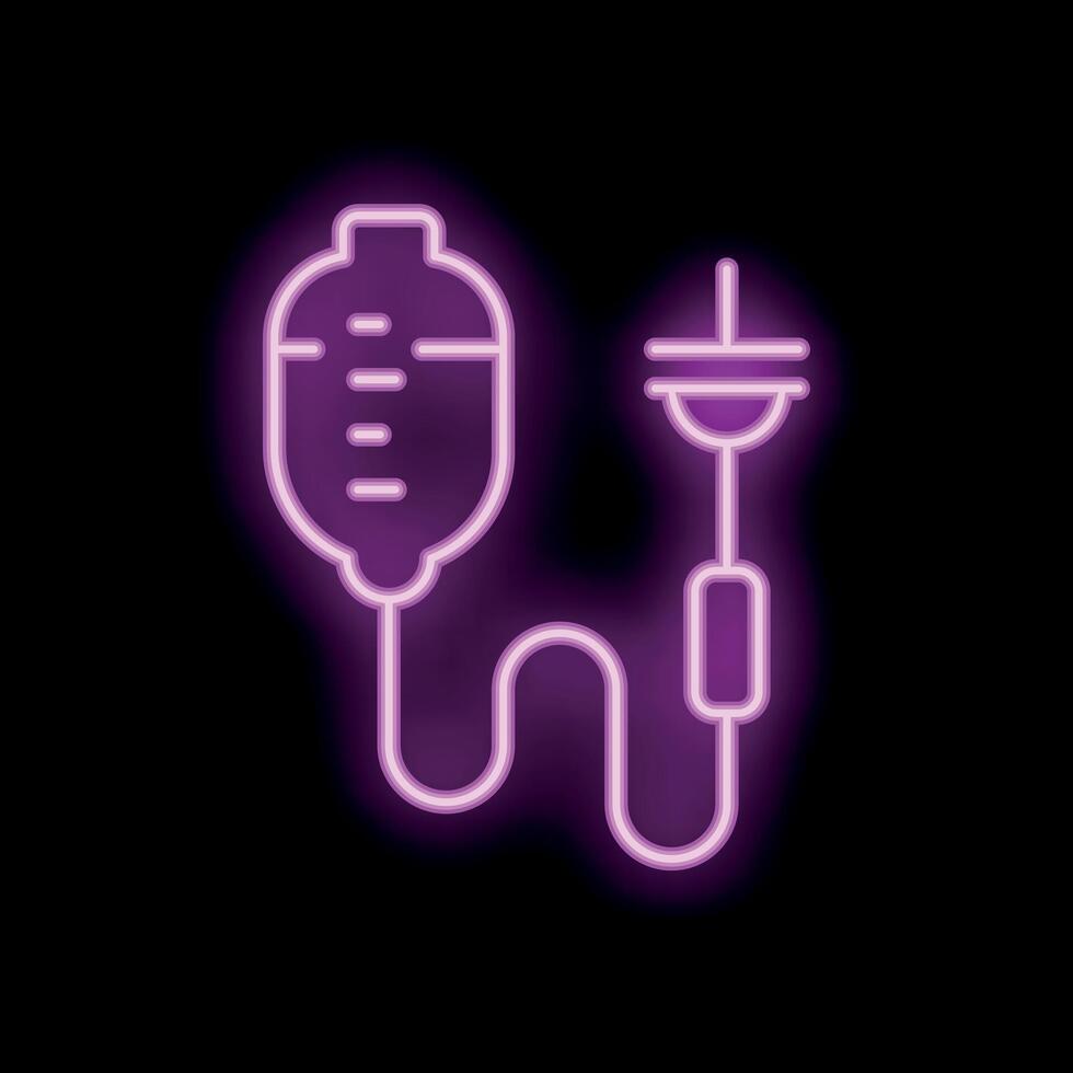 Neon pink iv bag transfusion glowing on black background vector