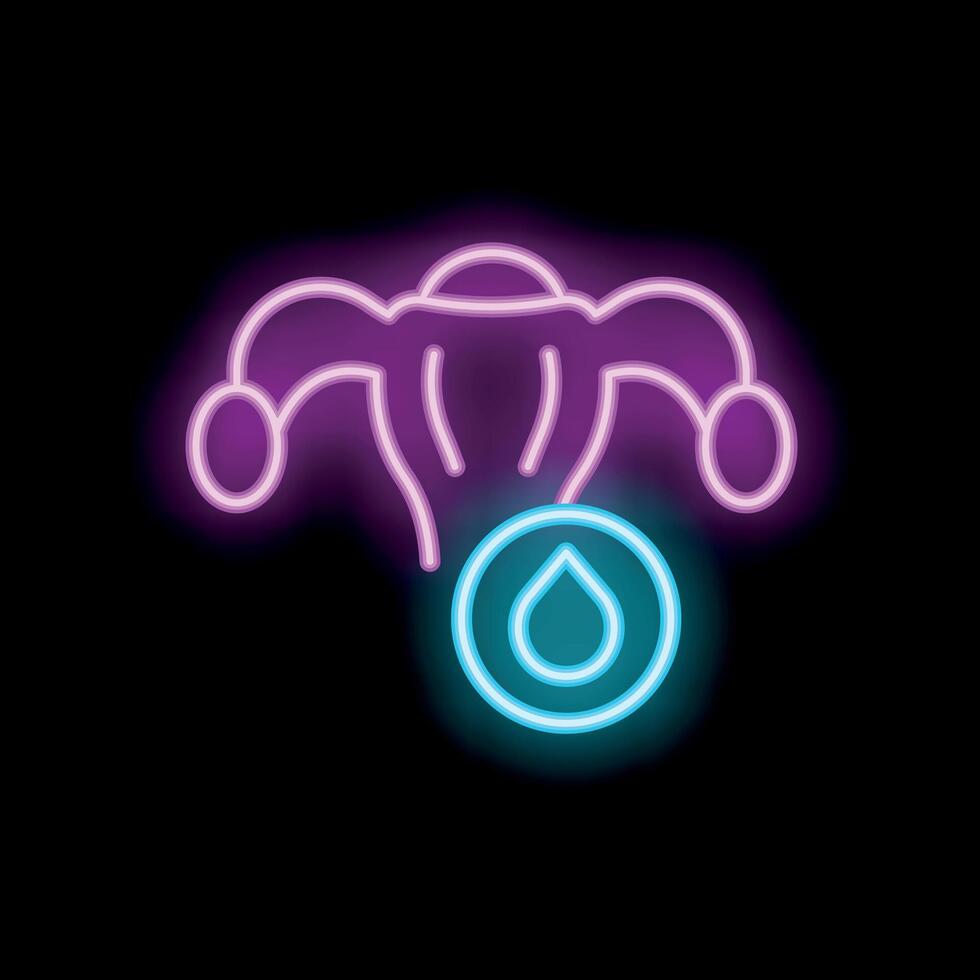 Neon icon of female reproductive system with water drop representing hydration for fertility vector