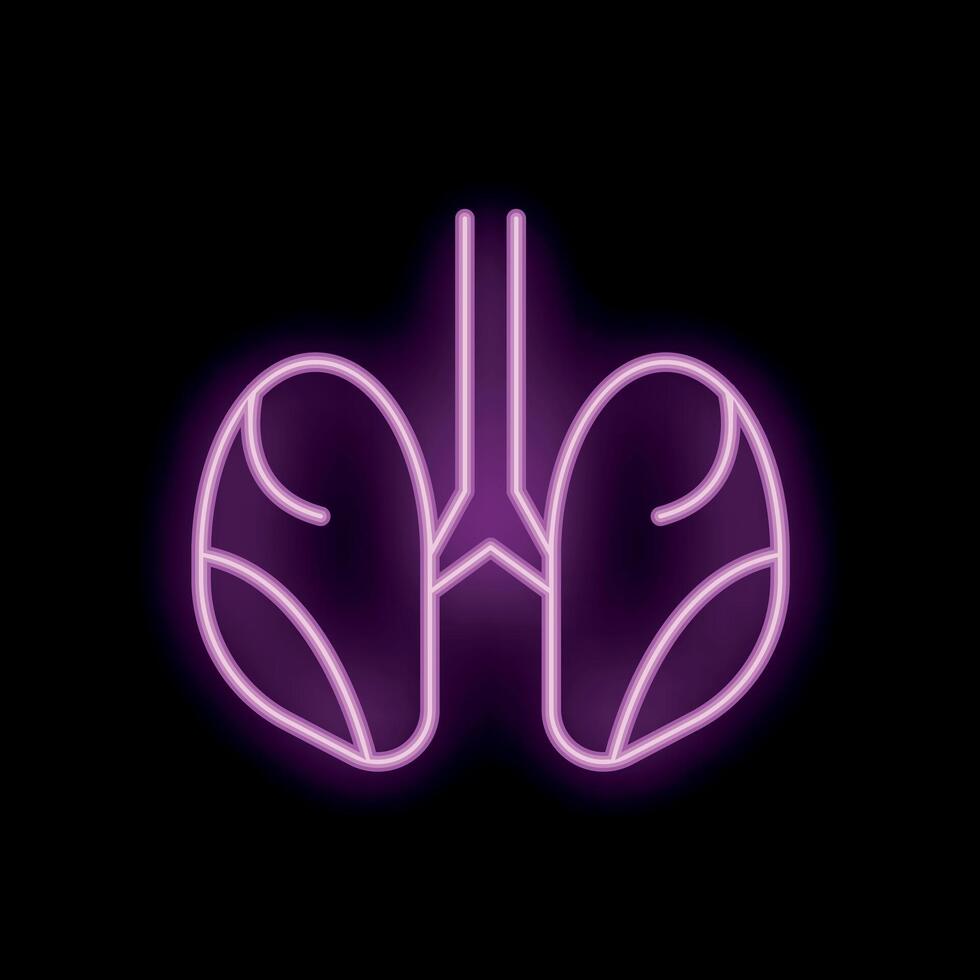 Bright pink neon sign showing human lungs on black background vector