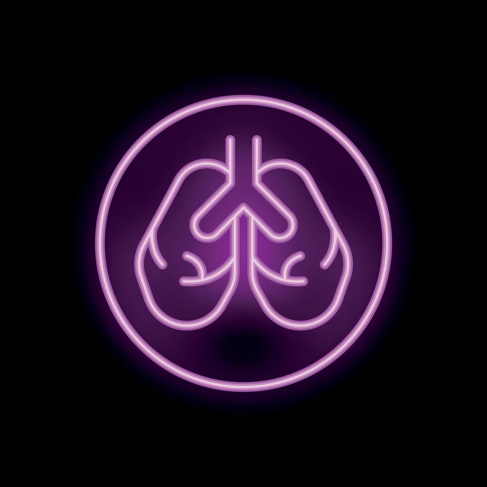 Neon sign of lungs in circle on black background vector