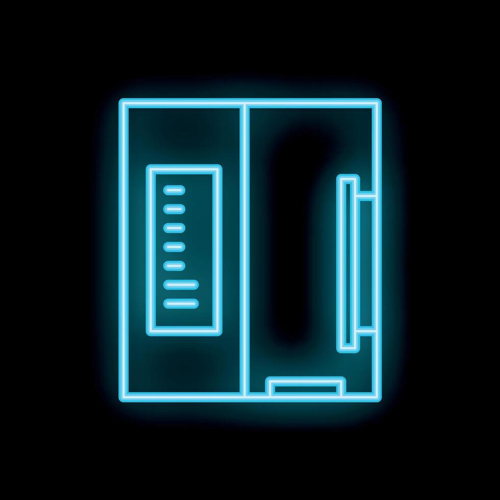 Glowing neon icon of electrical switchboard on black brick wall vector