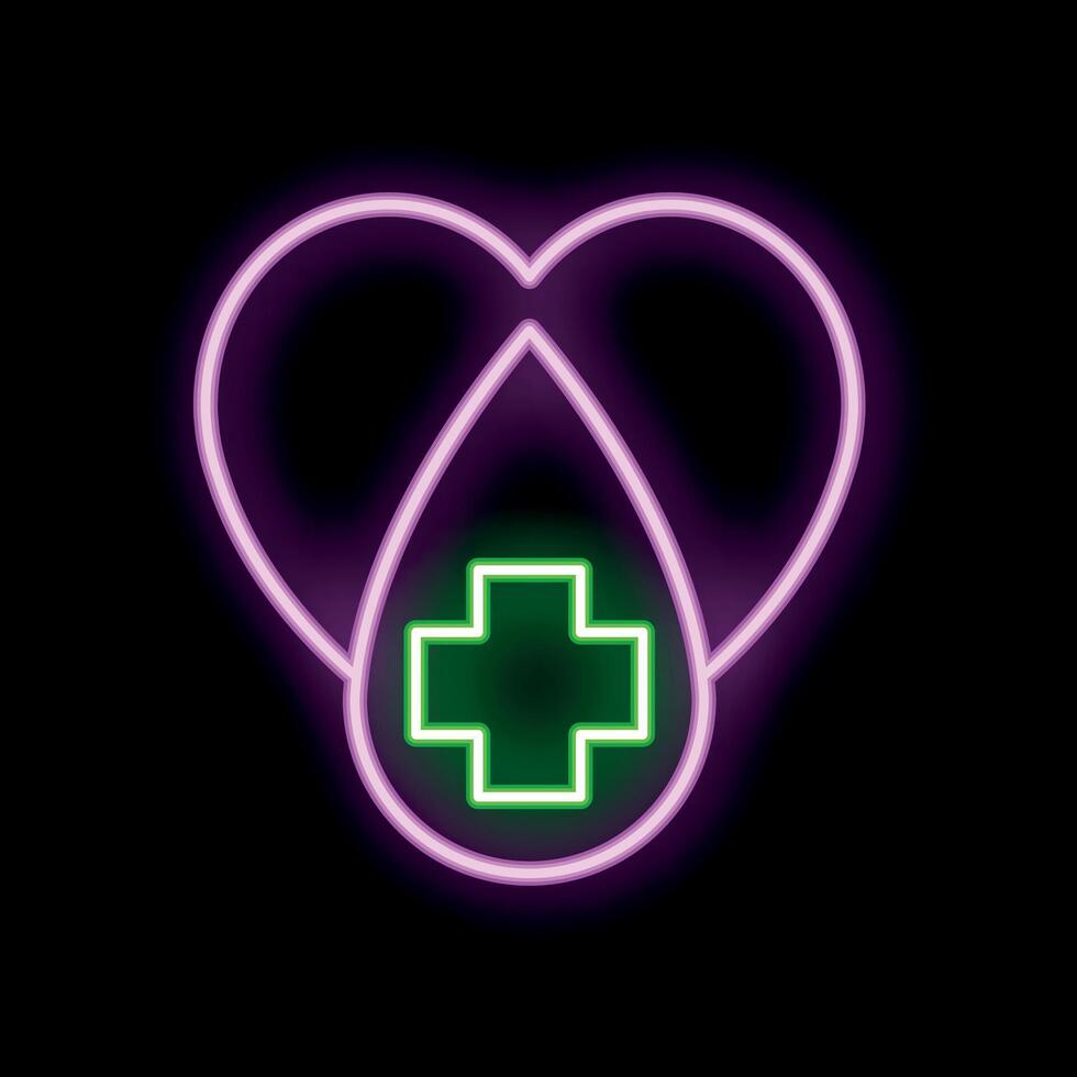 Neon icon of blood donation with heart and medical cross vector