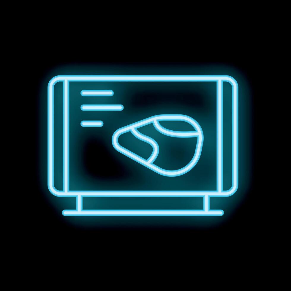 Neon icon of computer showing brain scan results displayed on black background vector