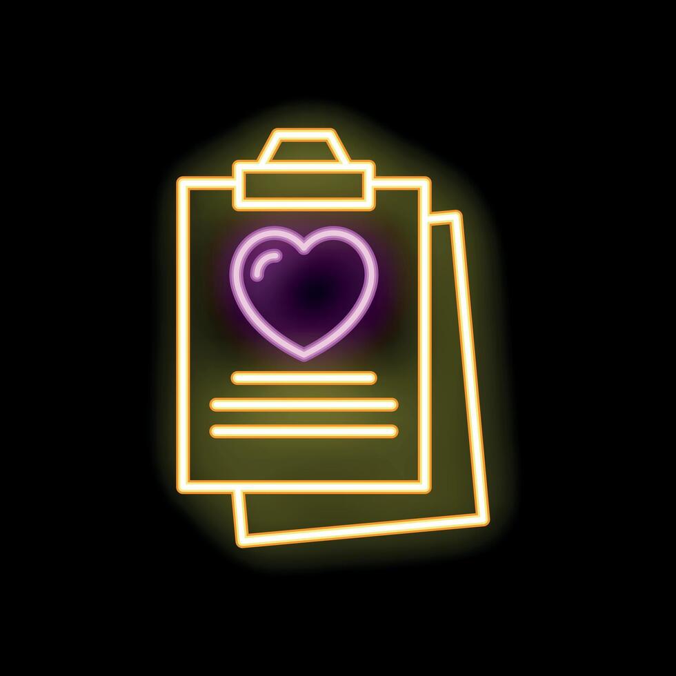 Neon icon of clipboard with heart representing love notes or romantic messages vector