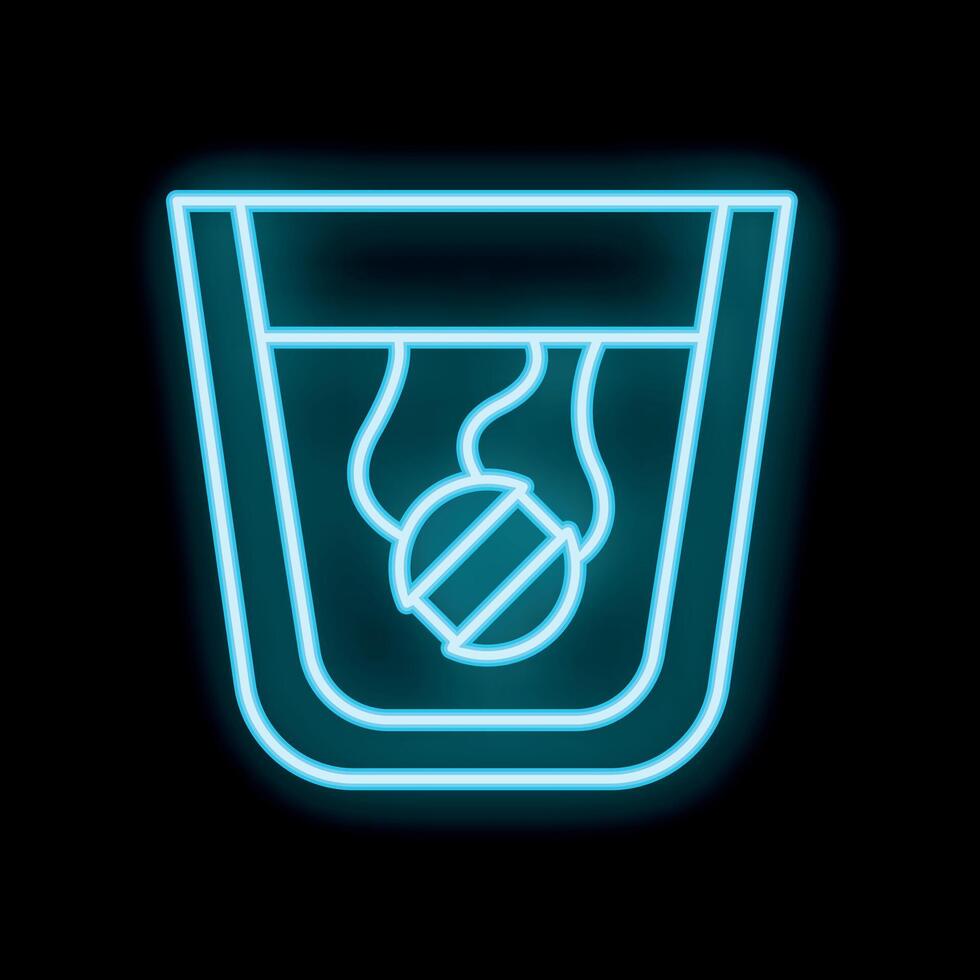 Neon blue glass dissolving an effervescent tablet in water icon vector
