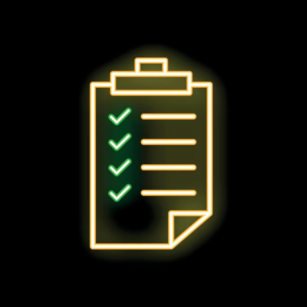 Neon icon of clipboard with checklist showing completed tasks vector