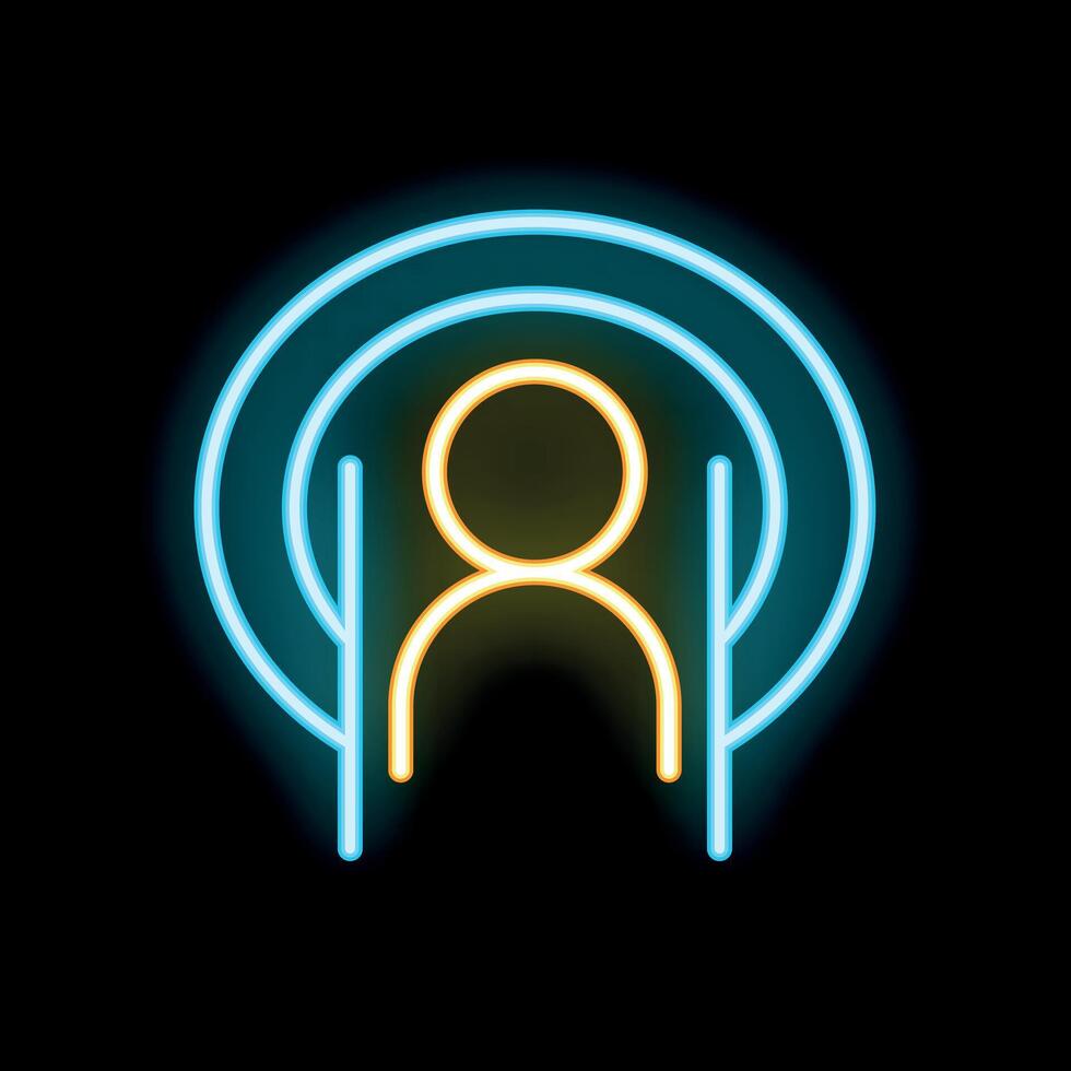 Neon icon of person standing with arms raised inside glowing circles vector