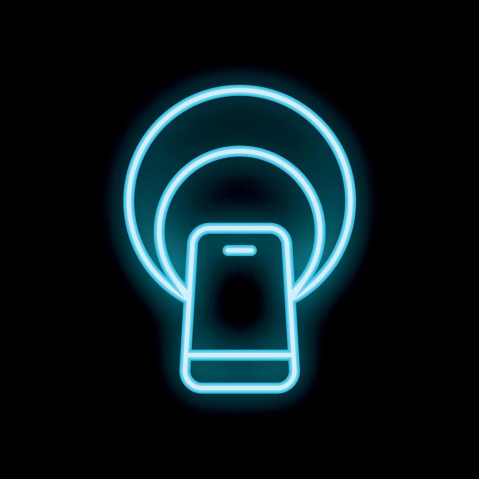 Neon icon of smartphone emitting wifi signal on black background vector