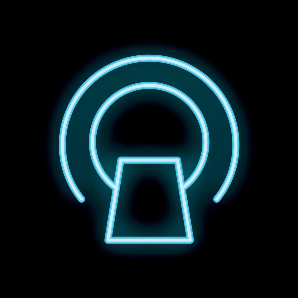 Neon icon of a tomography scan machine glowing blue on black background vector