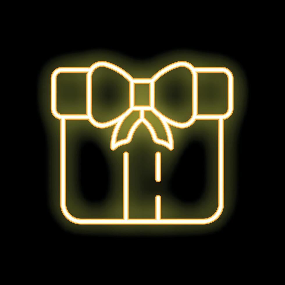 Neon yellow gift box with ribbon shining on black background vector