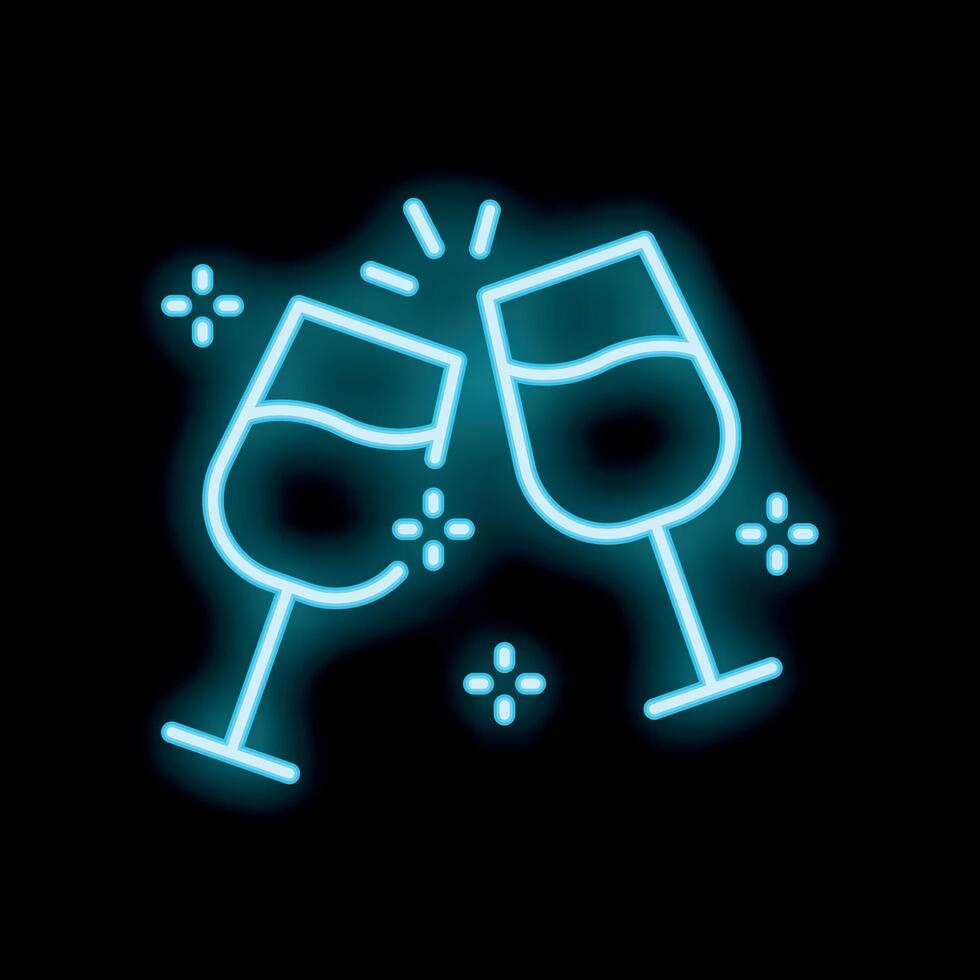 Two wine glasses clinking in neon light style representing celebration vector