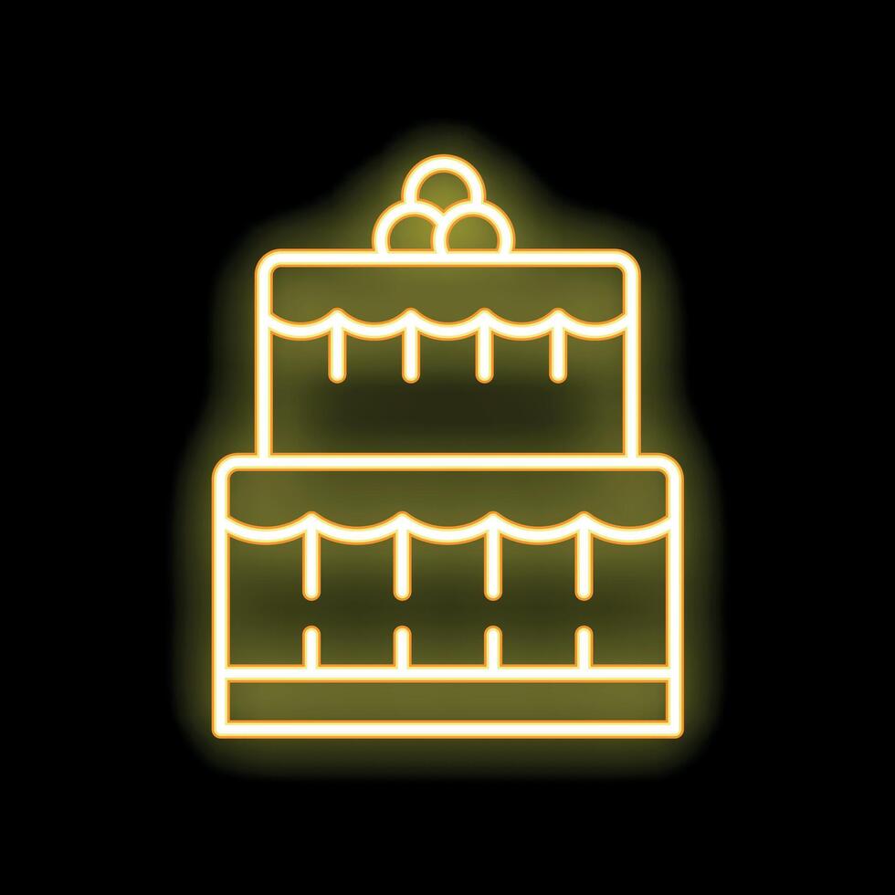 Yellow neon sign of two tiered birthday cake with frosting and berries on top vector