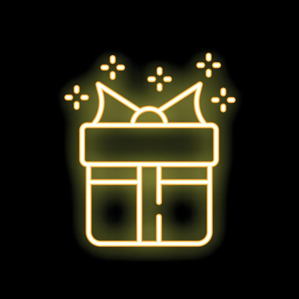 Yellow neon sign of gift box with ribbon on black background vector