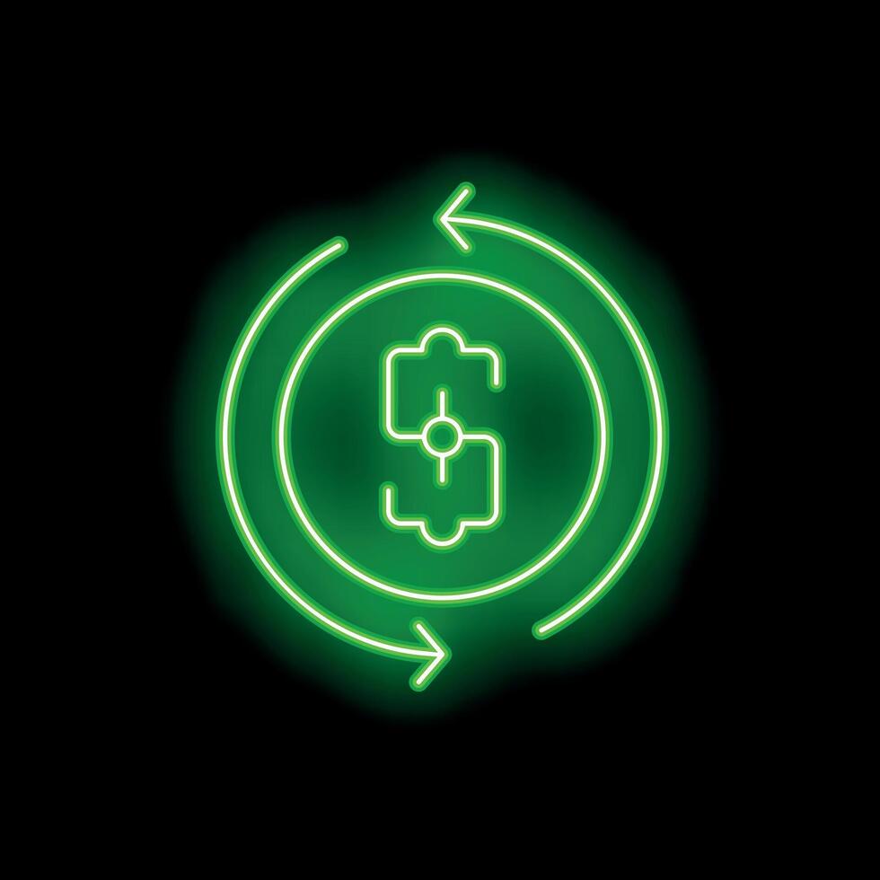 Green neon dollar sign rotating with arrows on black background vector
