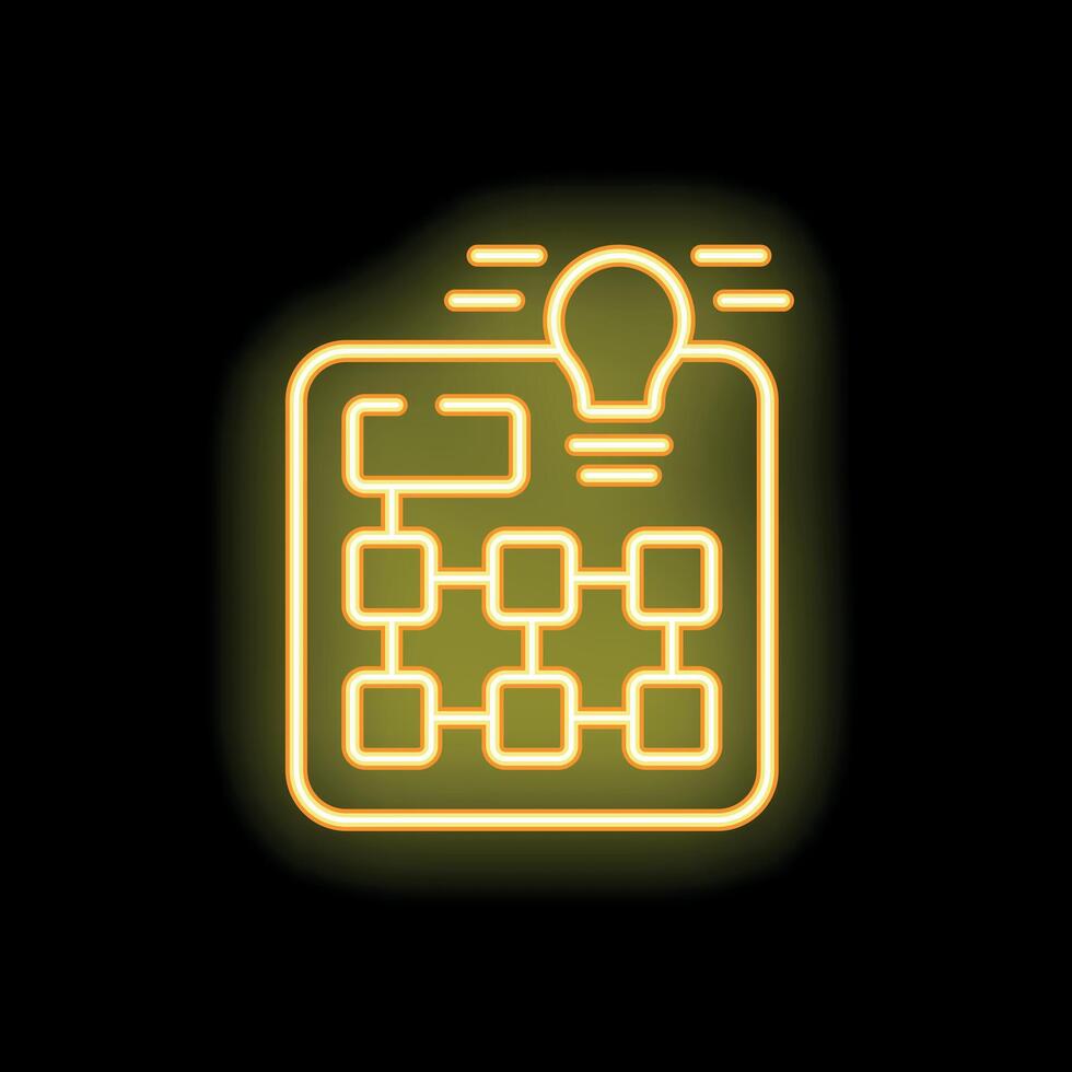 Neon yellow algorithm development icon with light bulb on black ...