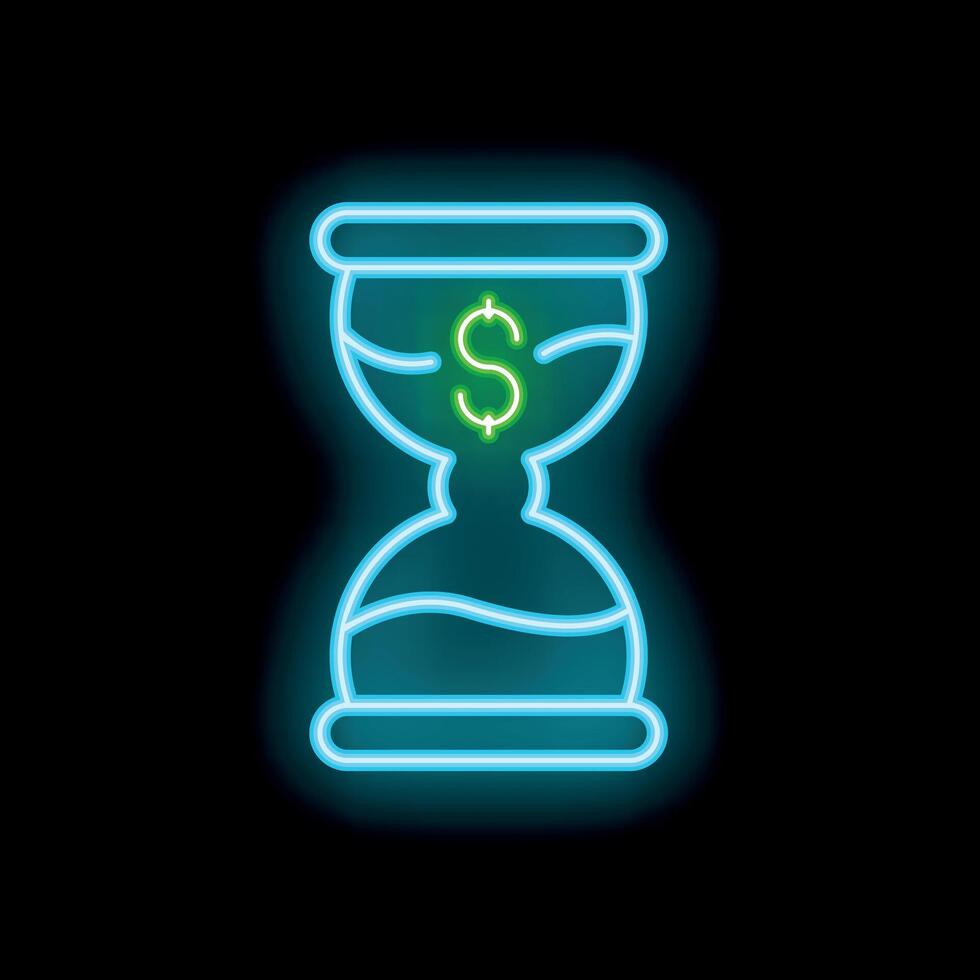 Neon sign representing an hourglass with a dollar symbol inside symbolizing time is money vector