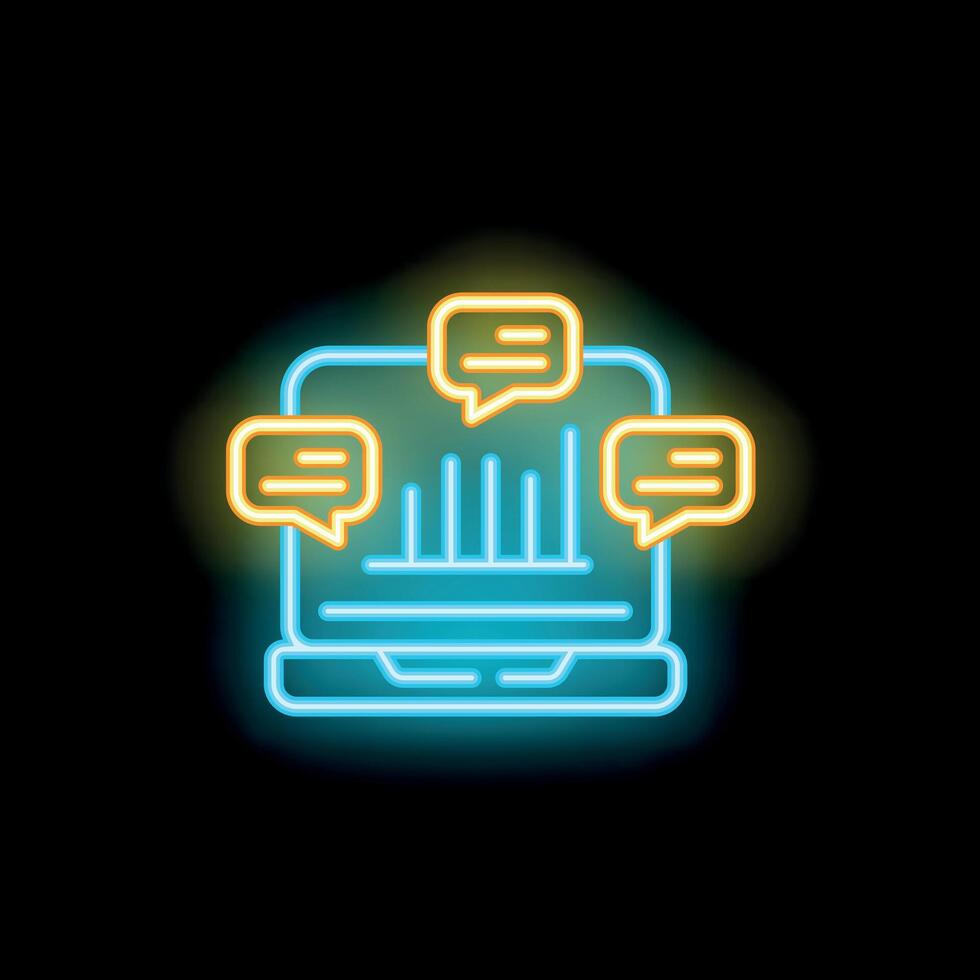 Neon laptop showing growing chart and speech bubbles vector