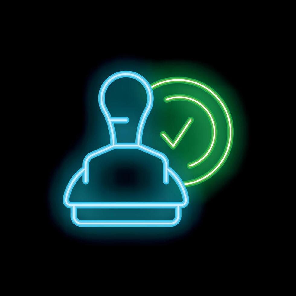 Neon style icon of a person stamp with a check mark symbolizing validation vector