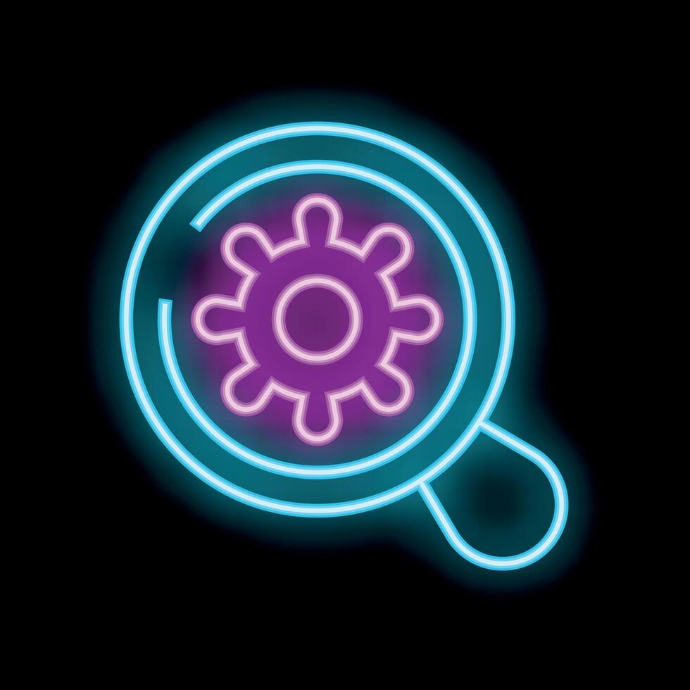 Neon magnifying glass searching for a solution with gear icon inside vector