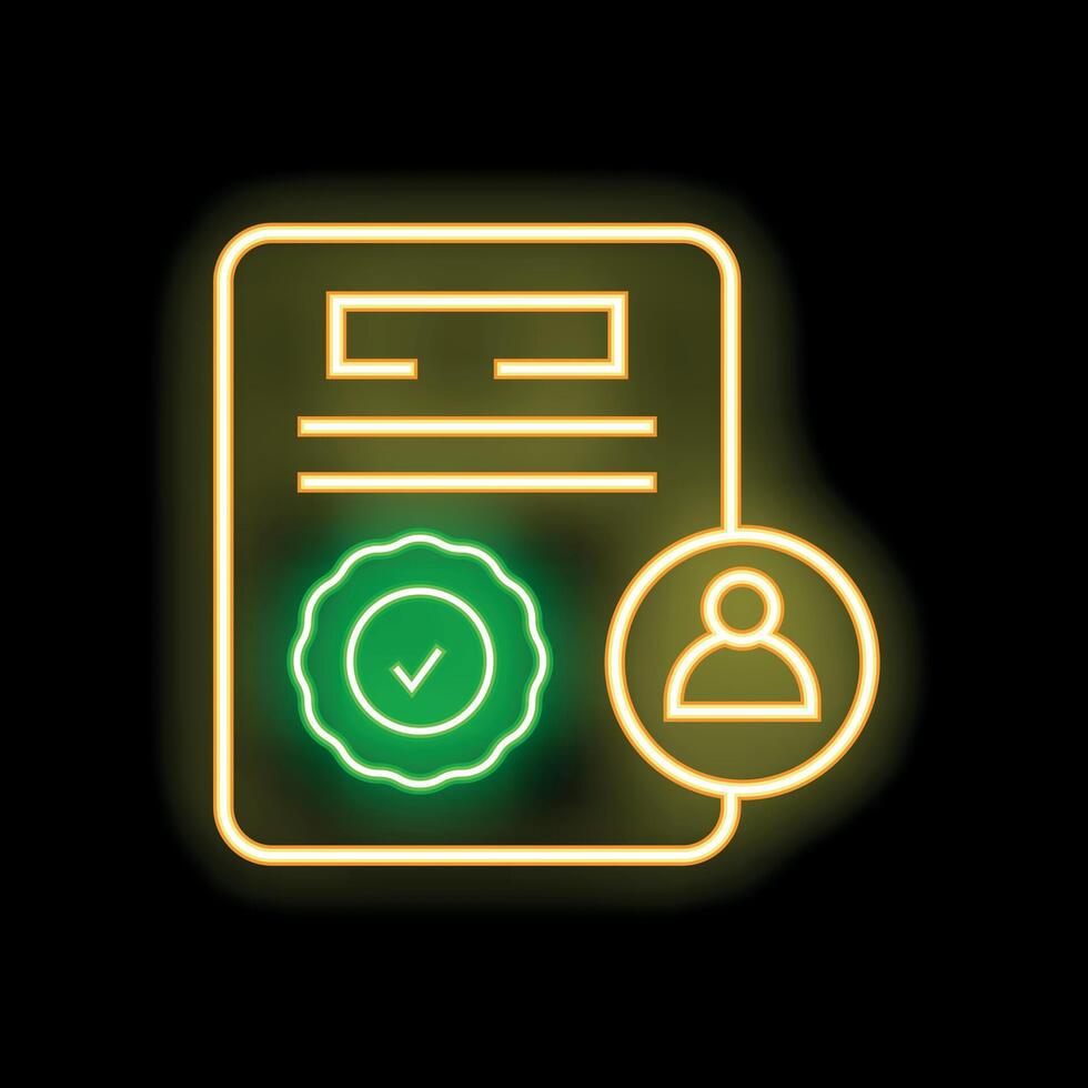 Neon icon of document with check mark and user profile representing identity verification vector
