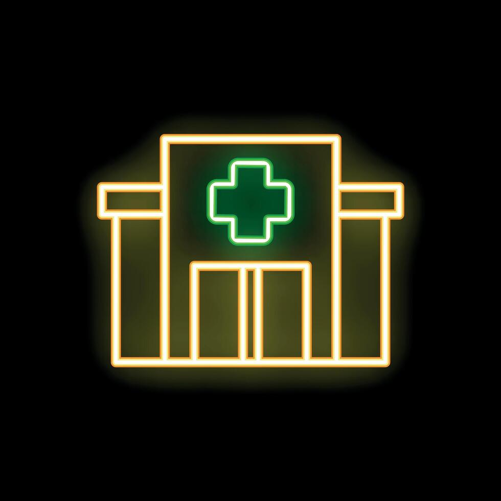 Glowing neon sign depicting a hospital building with green cross on black background vector