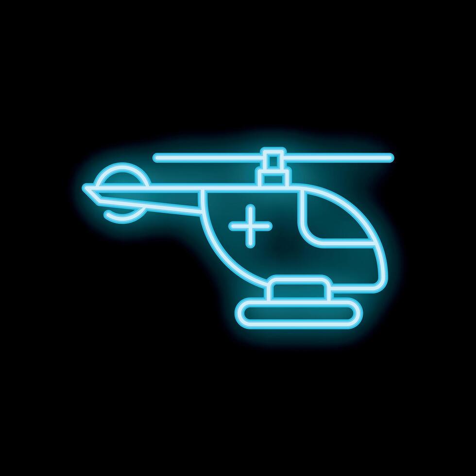 Neon blue medical helicopter icon flying through the dark vector