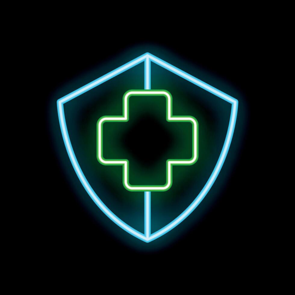 Neon medical shield protecting from illness and injury vector