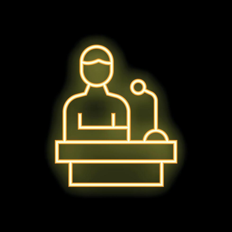 Politician speaking to public from tribune with microphone neon sign vector
