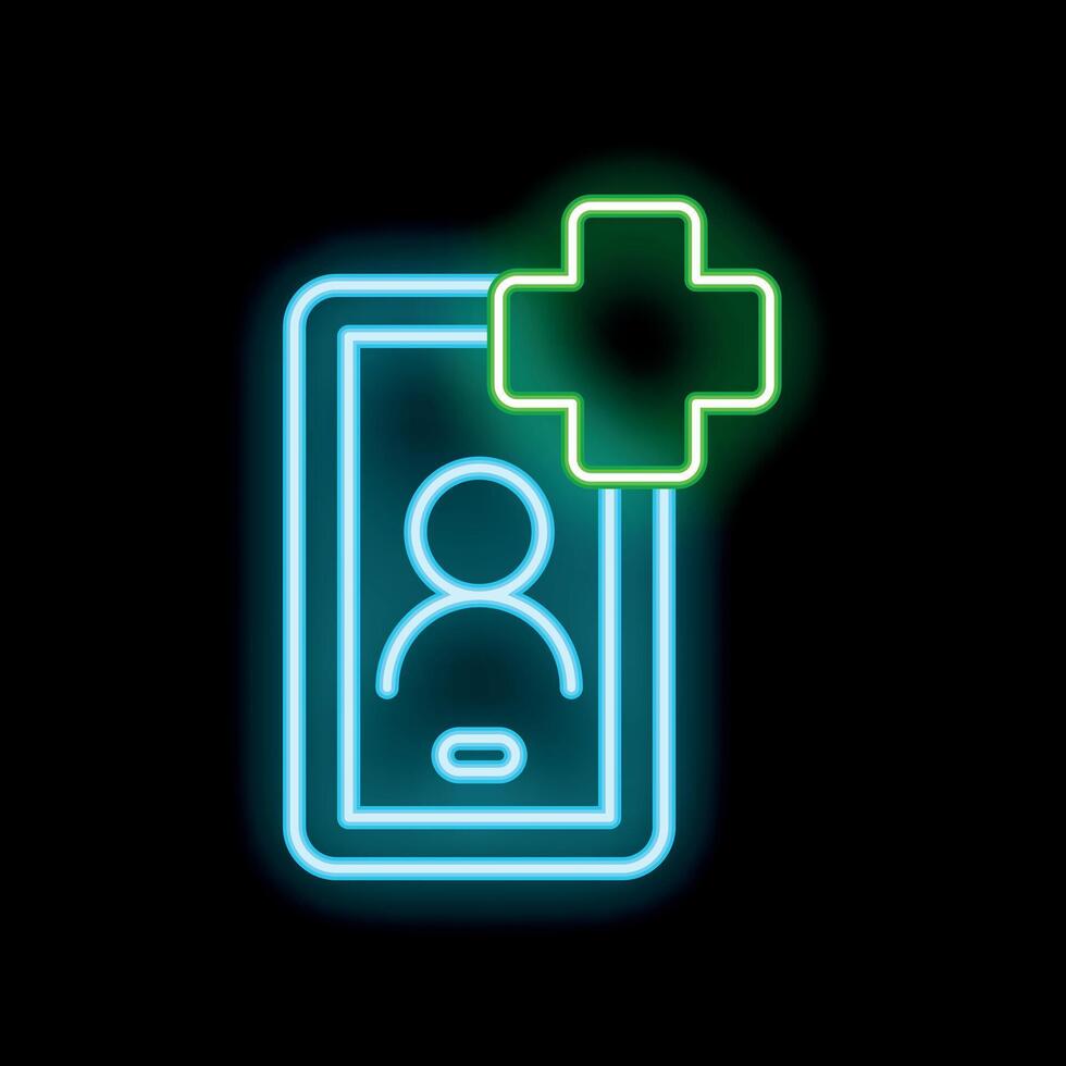 Neon icon of mobile phone displaying patient profile with medical cross vector