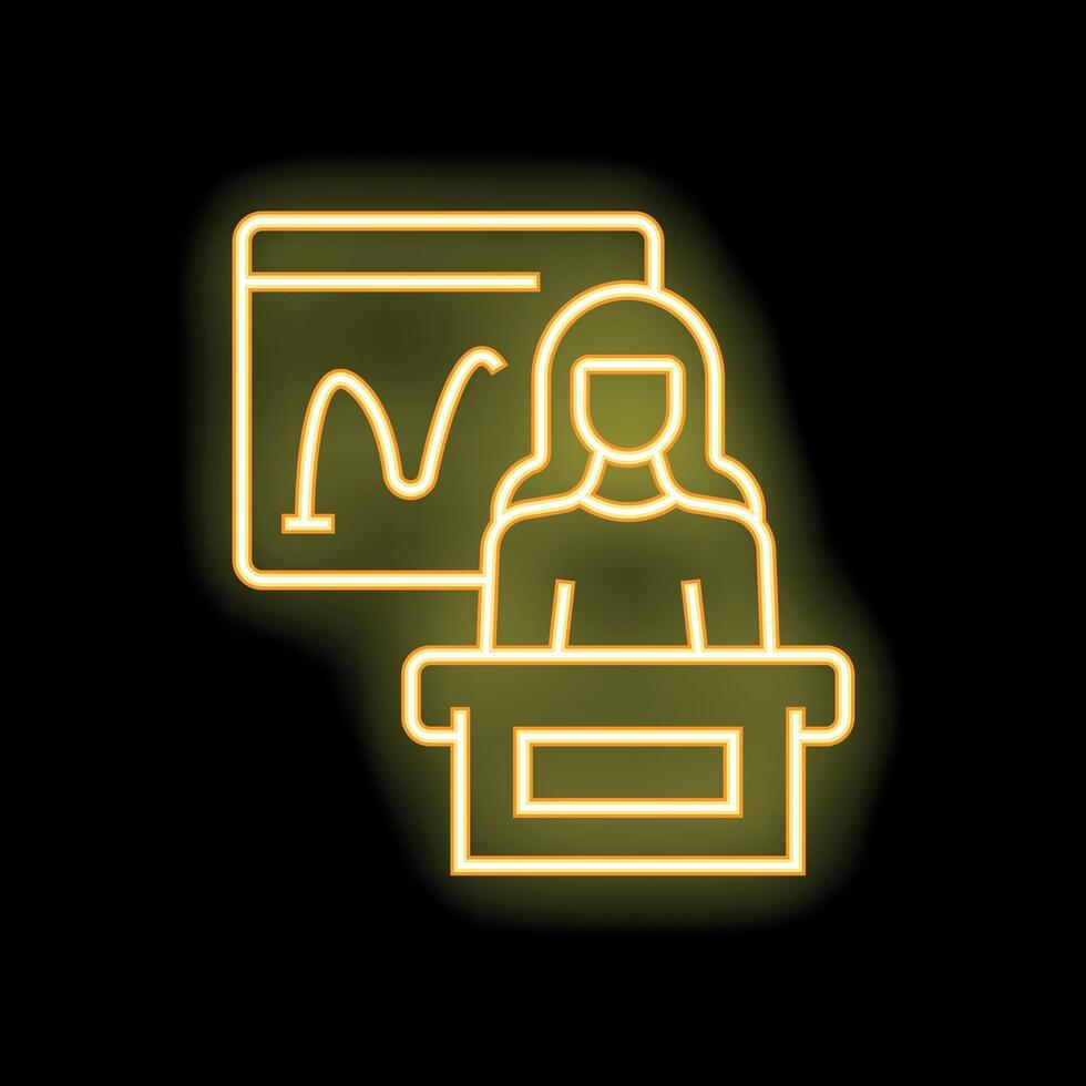 Businesswoman giving presentation pointing at growing chart on flip chart neon sign vector