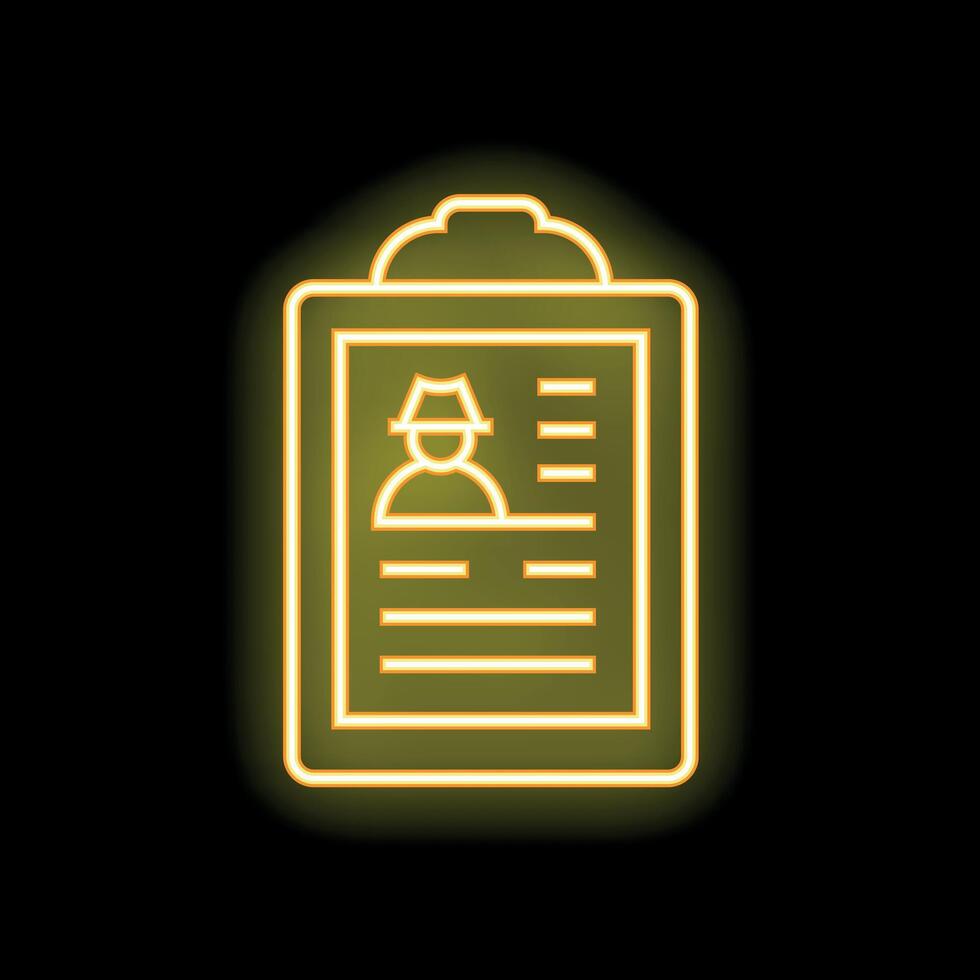 Neon yellow wanted poster with mugshot on clipboard over black background vector