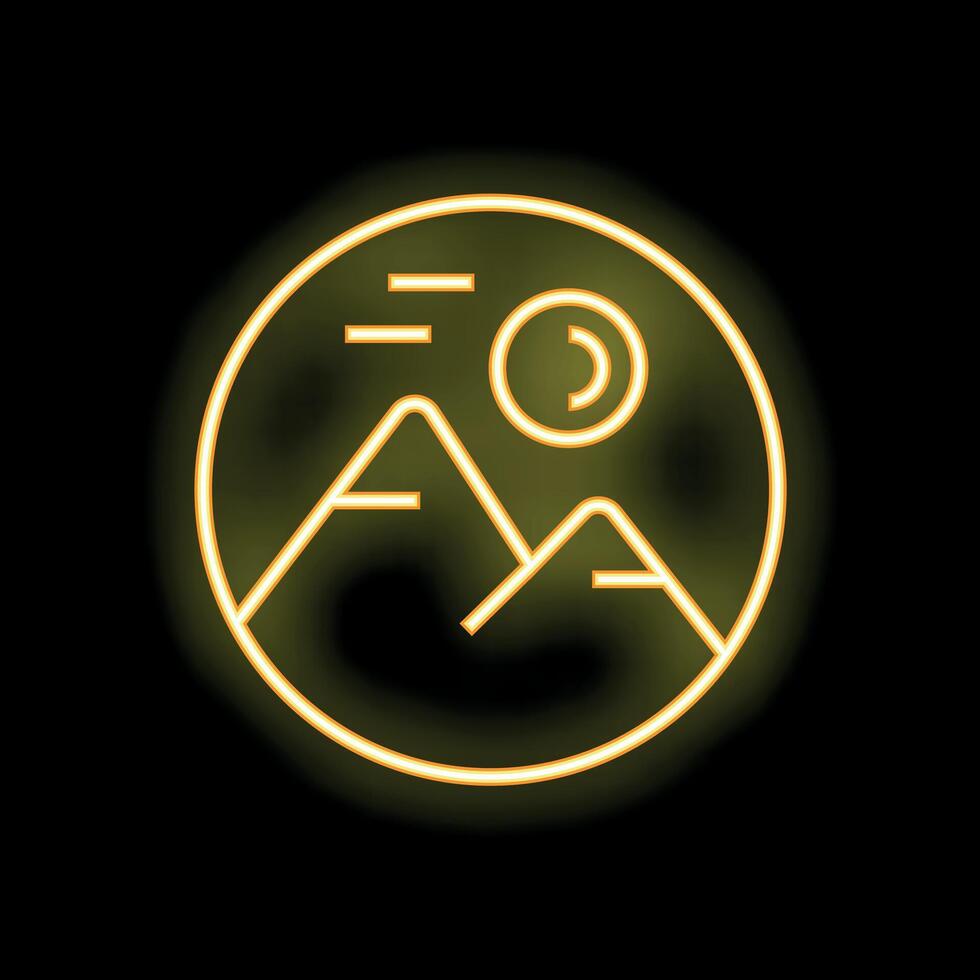 Neon yellow mountain landscape inside a circle on black background vector