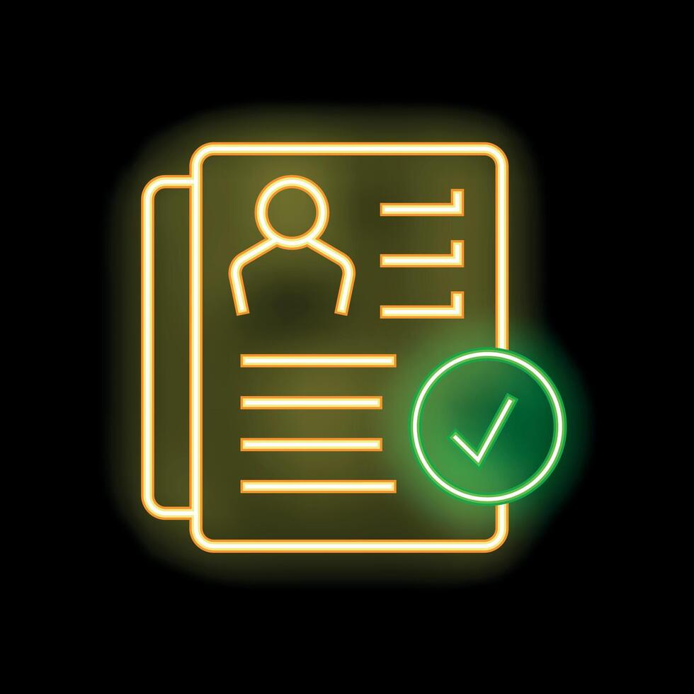 Neon icon of curriculum vitae with check mark approving candidate profile vector