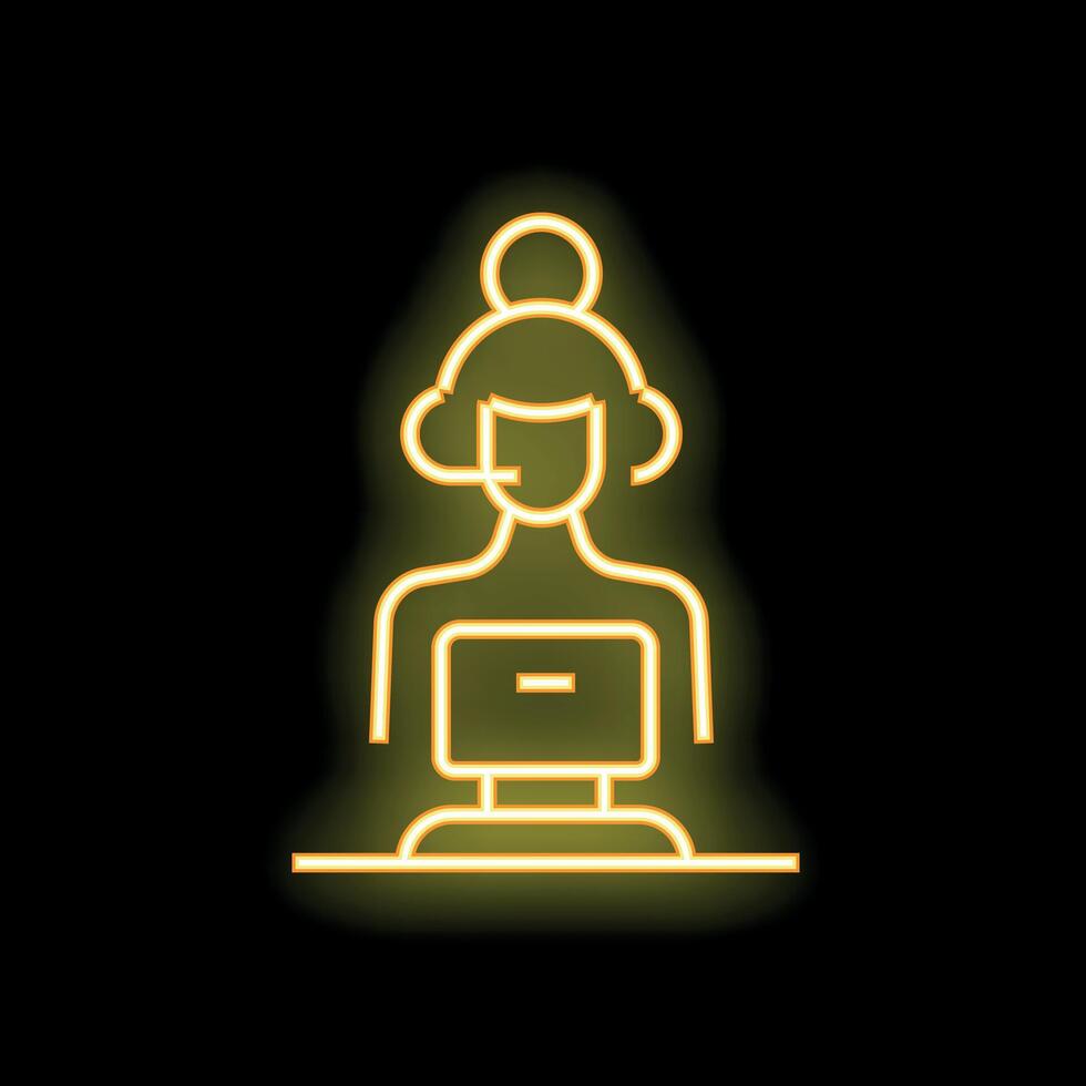 Neon yellow customer service agent working on laptop icon vector