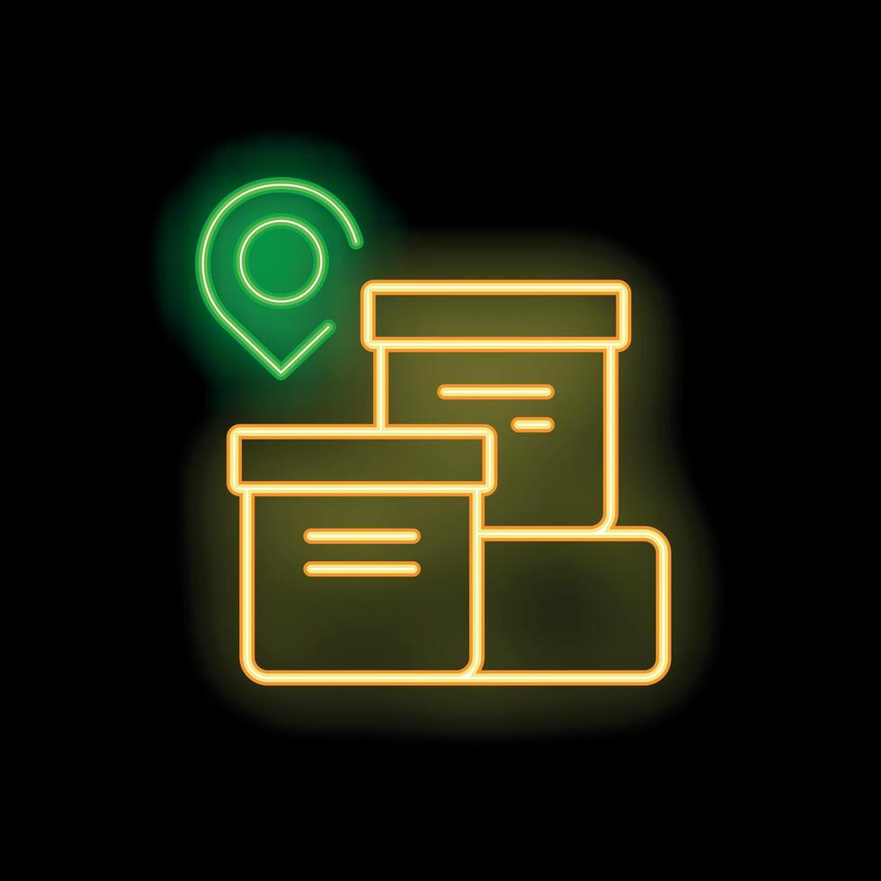 Neon icon of location pin pointing at stack of cardboard boxes vector