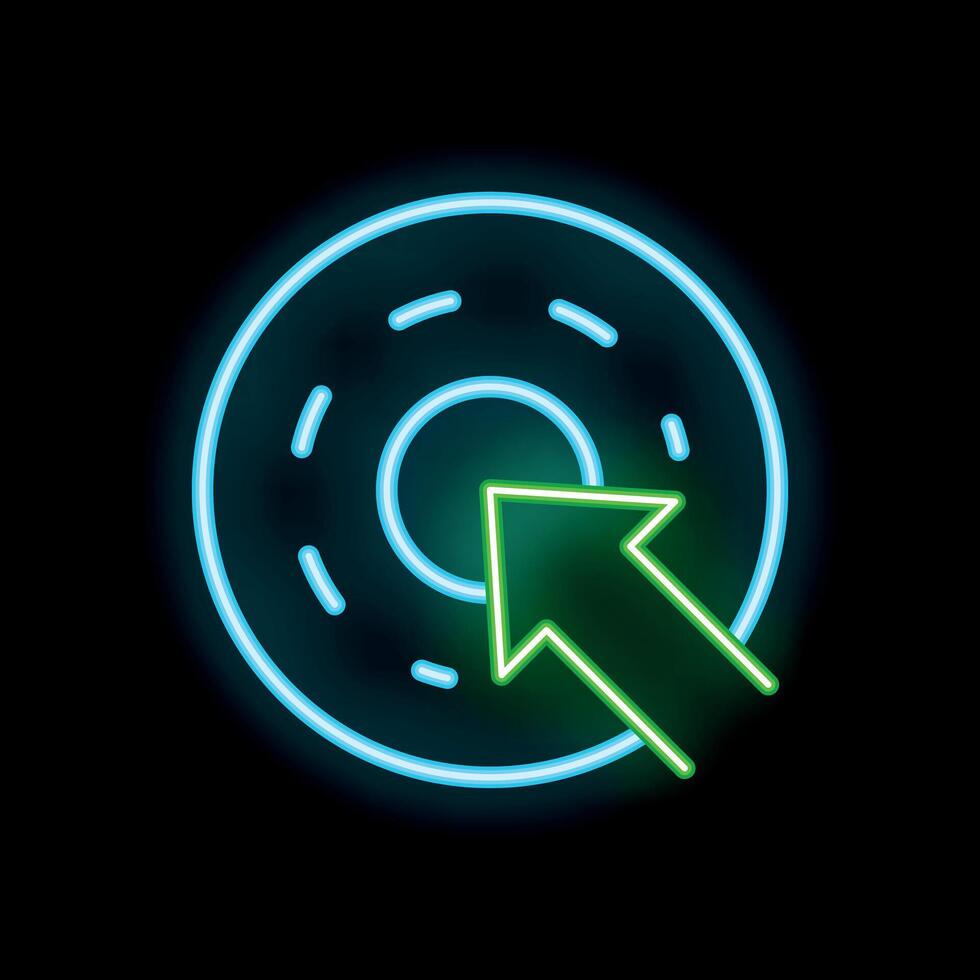 Neon green arrow pointing at center of blue target on a black background vector