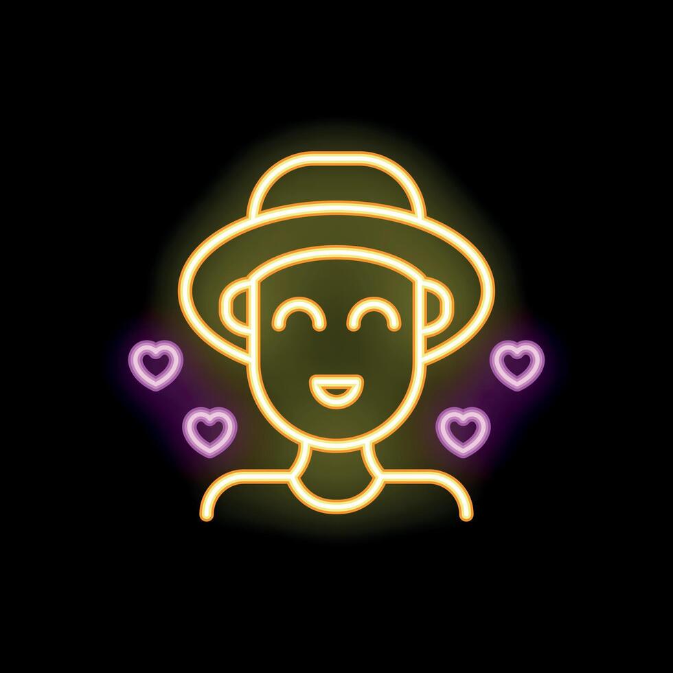 Neon sign of happy man wearing a hat surrounded by hearts vector