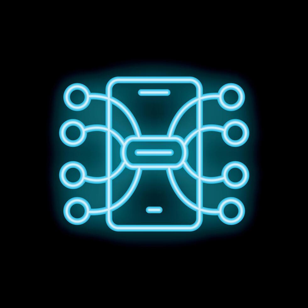 Neon smartphone connecting network nodes on black background vector