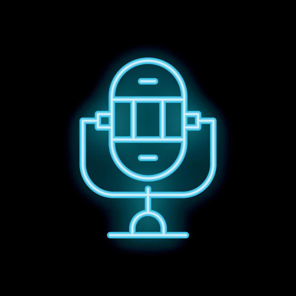 Neon icon of a studio microphone on a stand glowing blue on black background vector