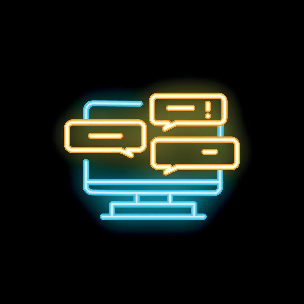 Neon computer icon showing online chatting with speech bubbles vector