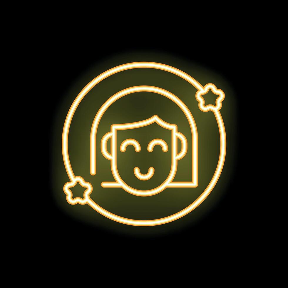 Neon yellow astronaut woman smiling inside spaceship icon vector