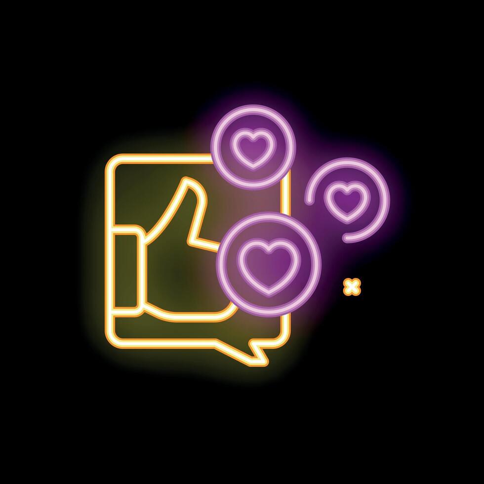 Neon thumbs up icon showing social media approval with hearts vector