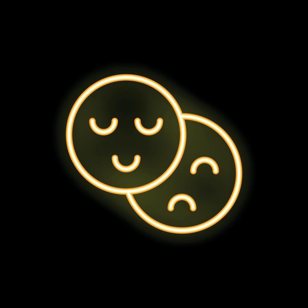 Yellow neon sign showing happy and sad mood faces on black background vector