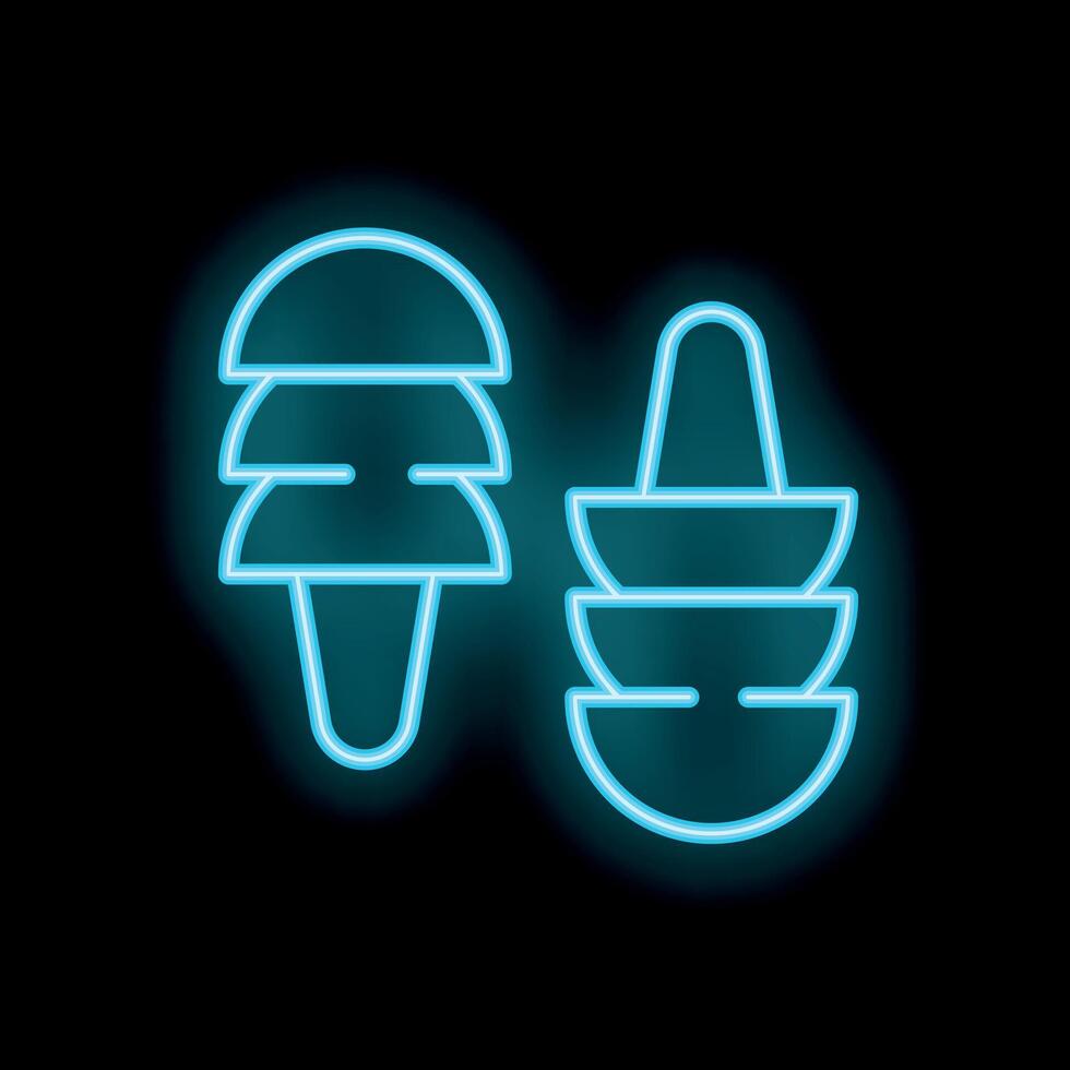 Glowing neon icon of earplugs with and without handle for noise protection vector