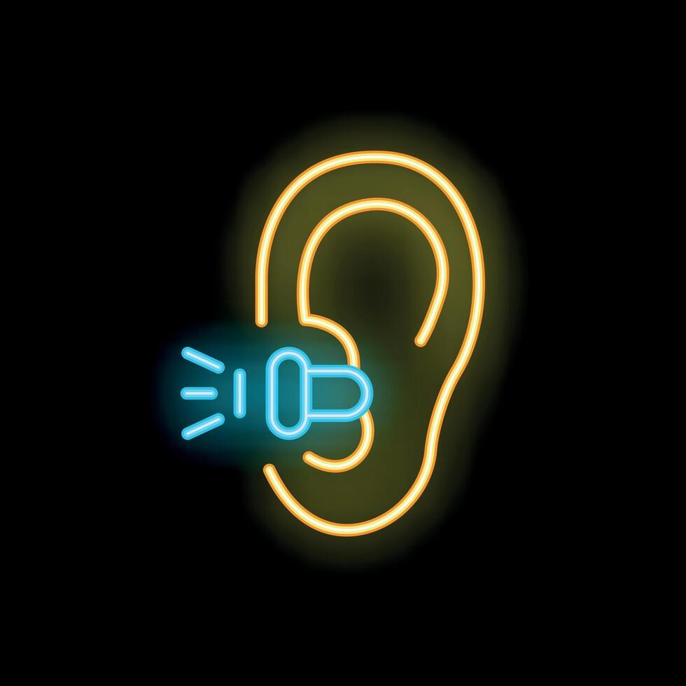 Neon sign representing hearing aid amplifying sound to ear vector